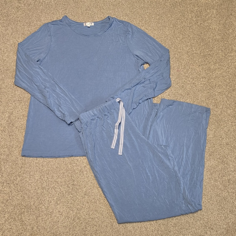 LAKE DreamModal Pajama Set Blue Ribbon Tie Long Sleeve Lounge Sleep Medium